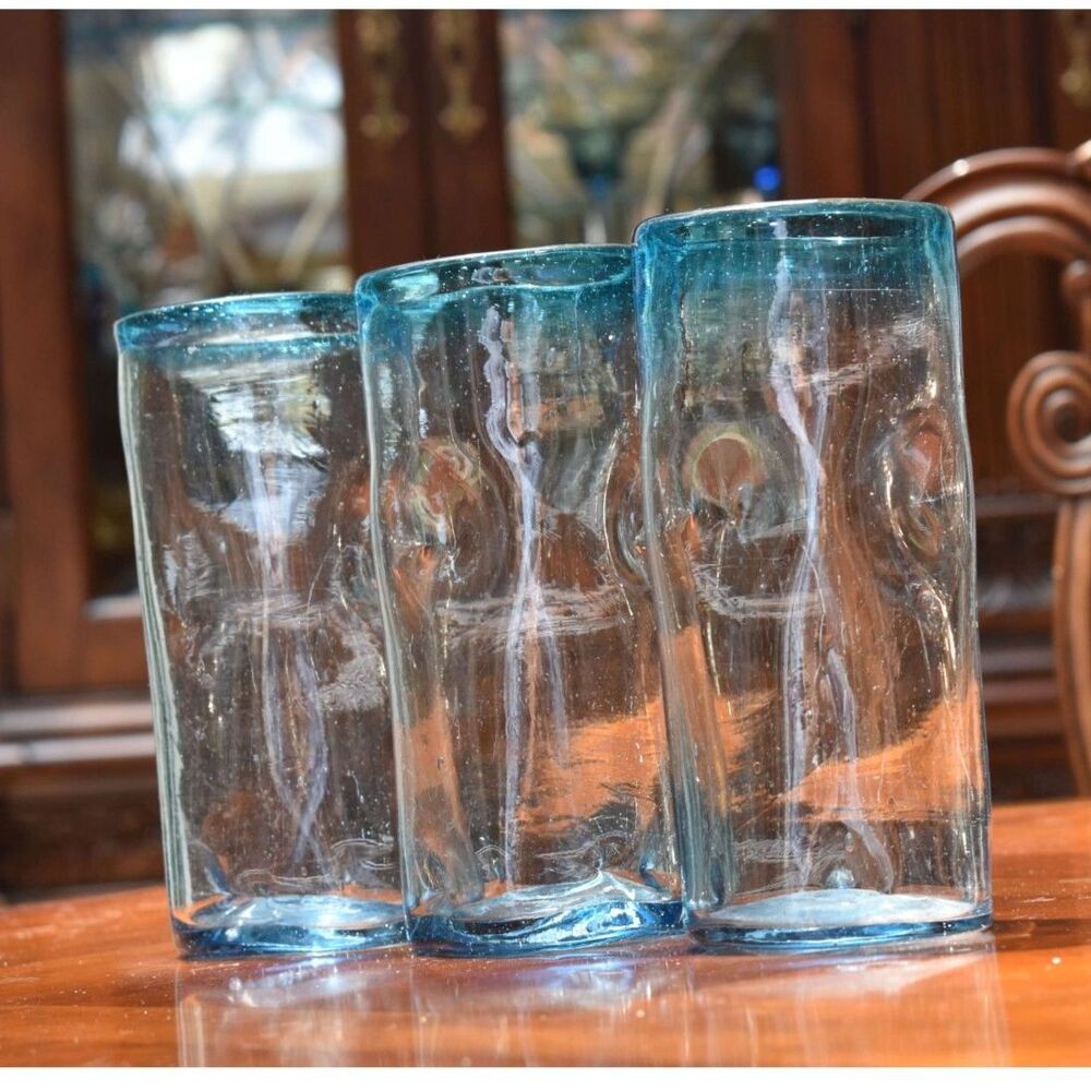 Hand Blown Recycled Glass Tumblers Set of 3 Aqua Rim Mexican Style Bubble Glass